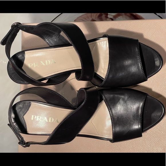 Prada Black Leather Asymmetrical Wedge Sandal 10 - Picture 5 of 9